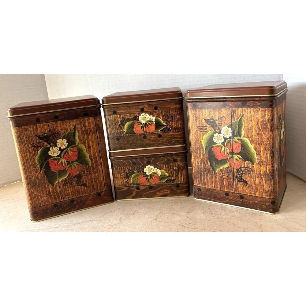 J.L. Clark Complete Strawberry Canister Tin Set of 4 Vtg Granny Cottage Core